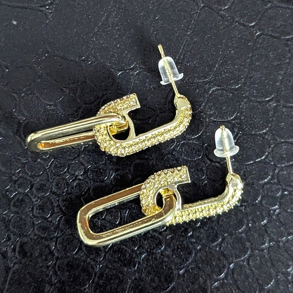 Gold Rhinestone Crystal Double Loop Drop Post Stud Earrings Quiet Luxury Preppy - Picture 3 of 6